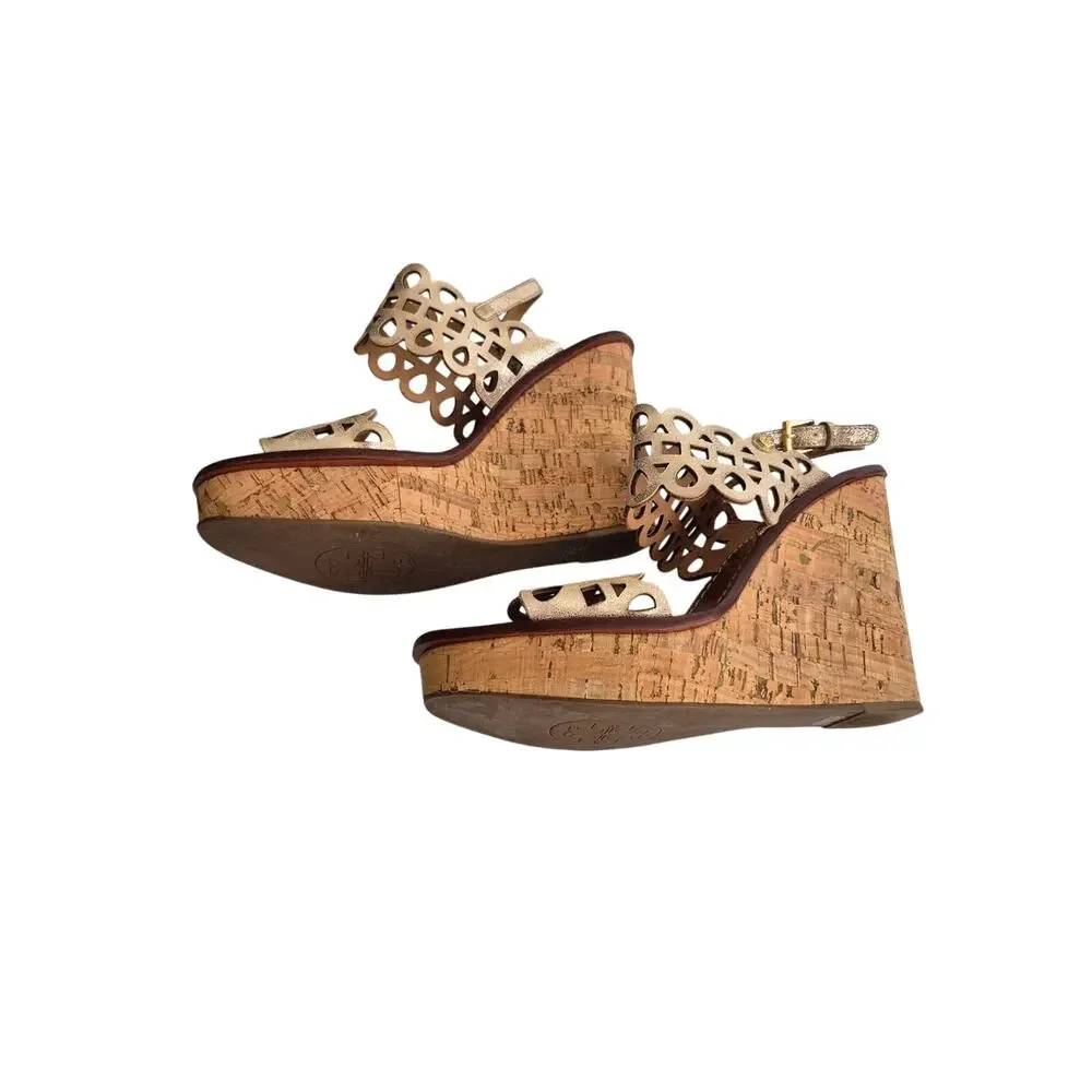 Tory Burch Nori Metallic‎ Gold Leather Platform Cork Wedge Sandals 10.5 M Glam